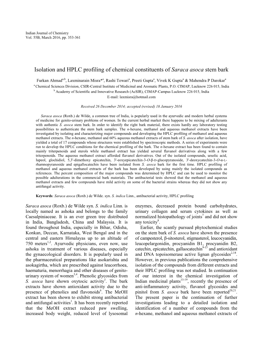 Isolation and HPLC Profiling of Chemical Constituents of Saraca Asoca Stem Bark