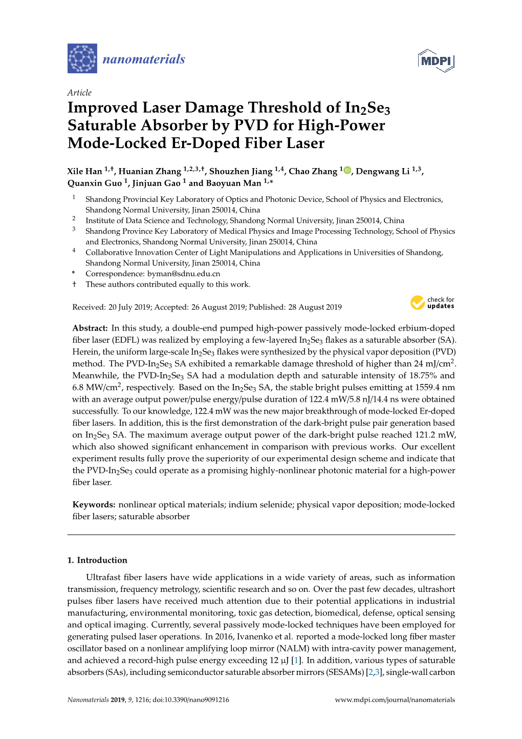 Improved Laser Damage Threshold of In2se3 Saturable Absorber by PVD for High-Power Mode-Locked Er-Doped Fiber Laser