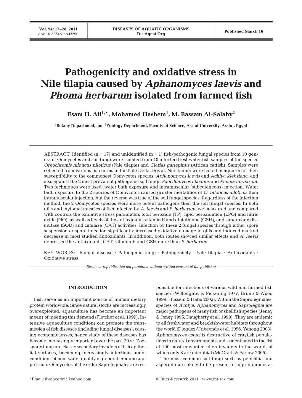 Pathogenicity and Oxidative Stress in Nile Tilapia Caused by Aphanomyces Laevis and Phoma Herbarum Isolated from Farmed Fish