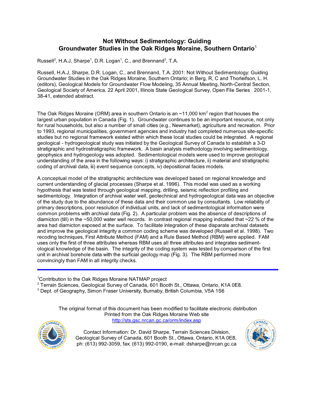 Guiding Groundwater Studies in the Oak Ridges Moraine, Southern Ontario1