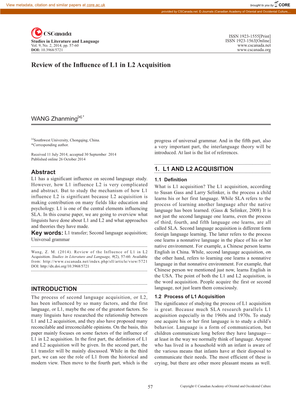 Review of the Influence of L1 in L2 Acquisition