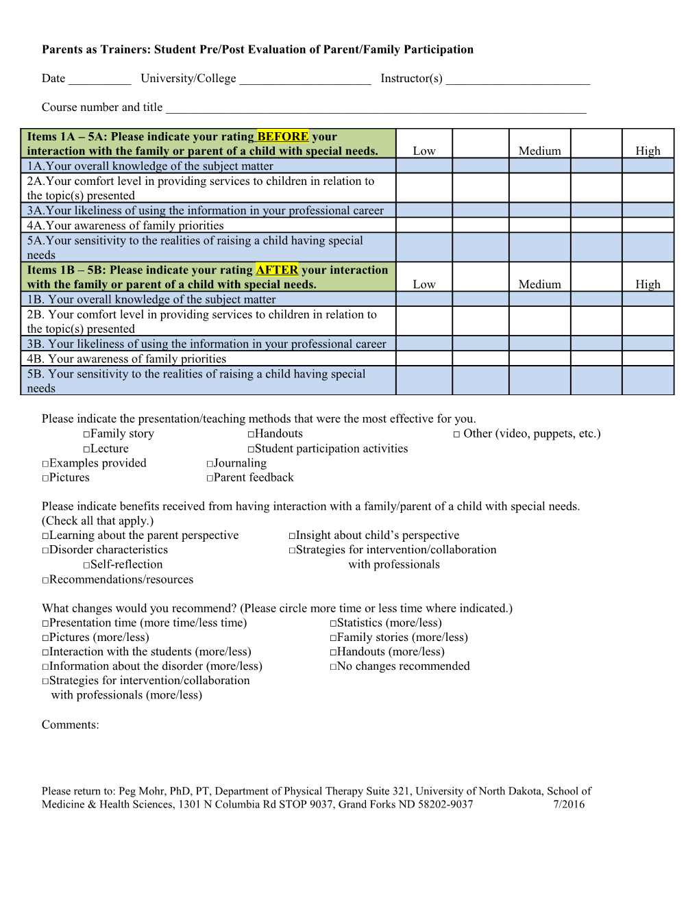 Parents As Trainers: Student Pre/Post Evaluation of Parent/Family Participation