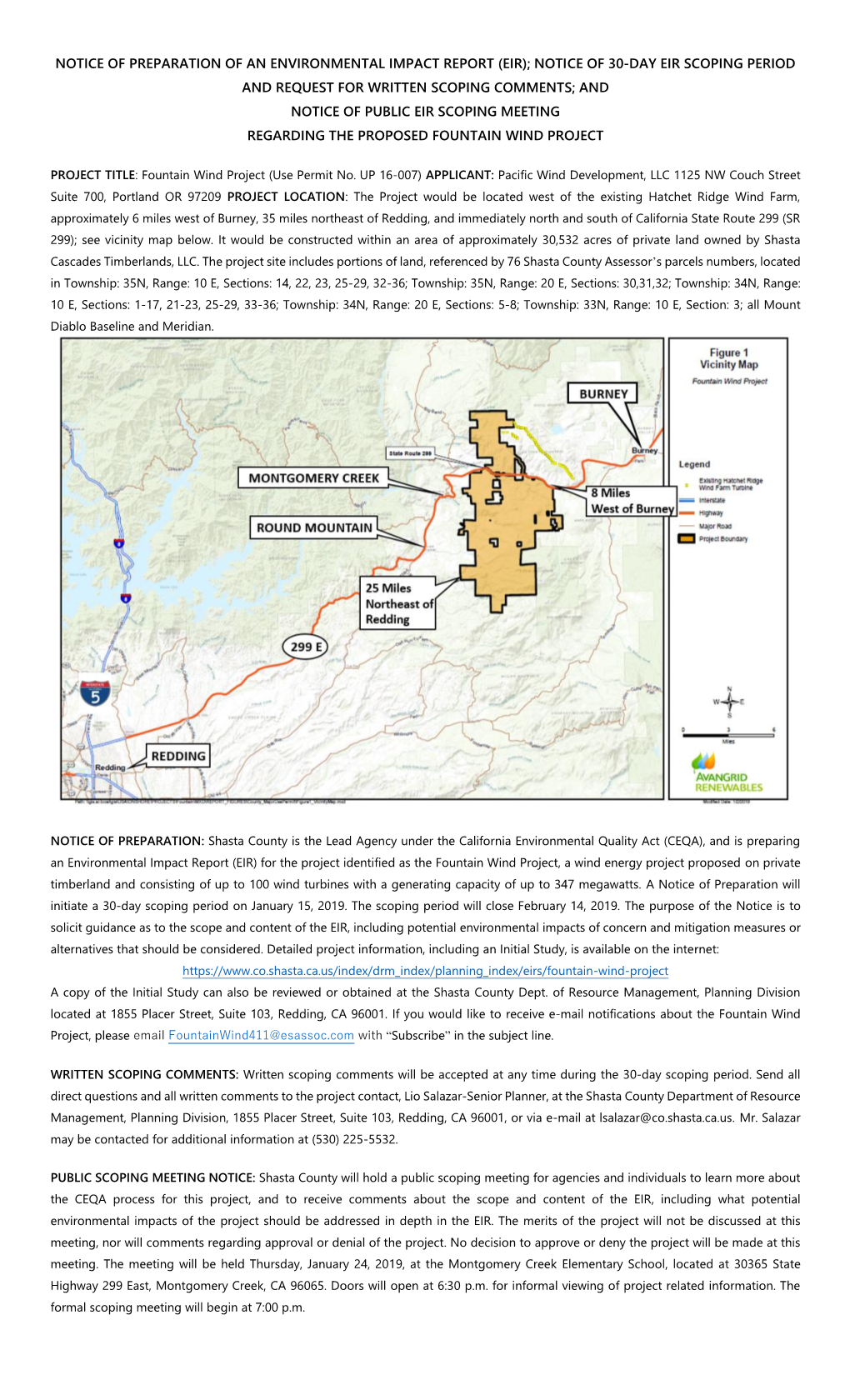 Notice of 30-Day Eir Scoping Period and Request for Written Scoping Comments; and Notice of Public Eir Scoping Meeting Regarding the Proposed Fountain Wind Project