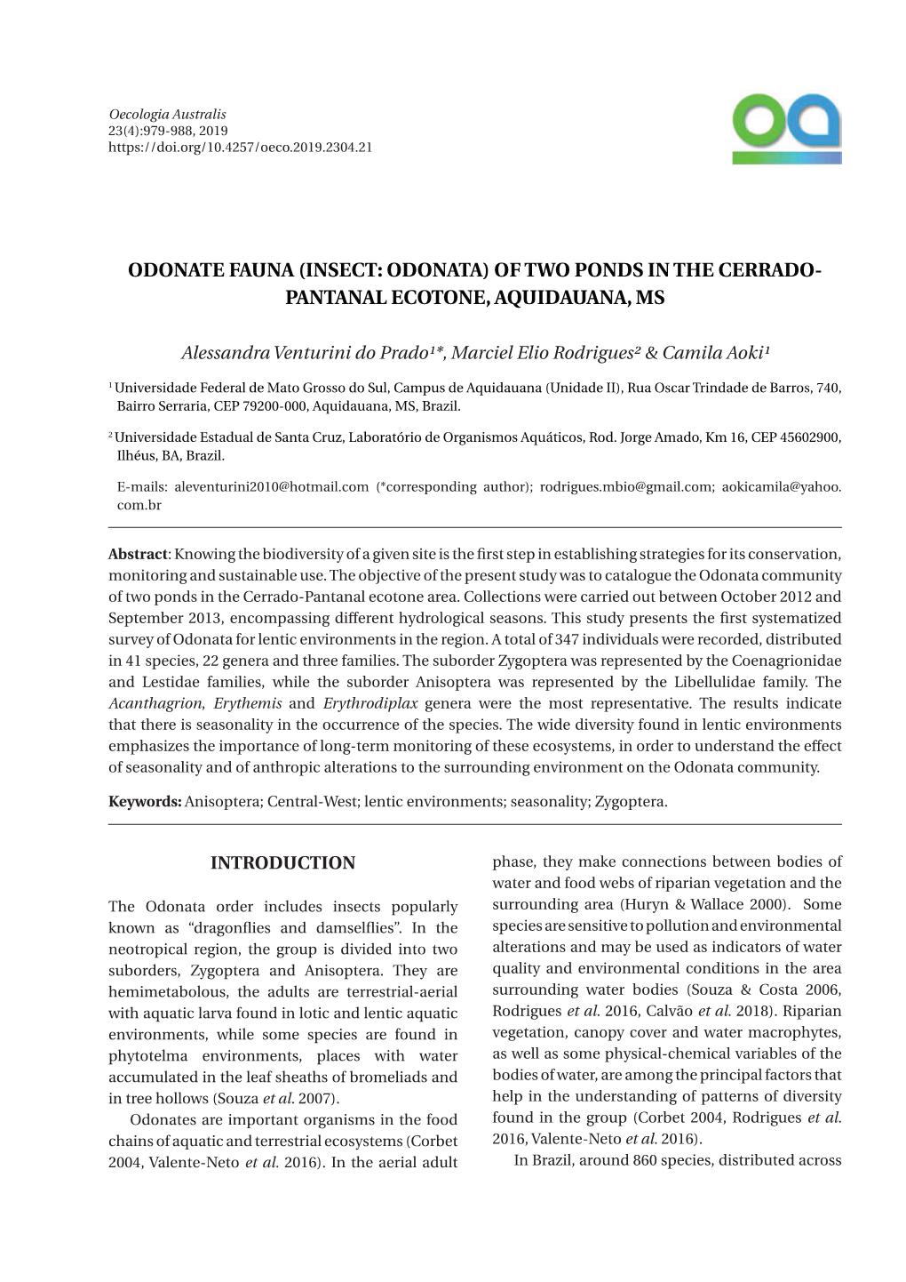 Odonate Fauna (Insect: Odonata) of Two Ponds in the Cerrado- Pantanal Ecotone, Aquidauana, Ms