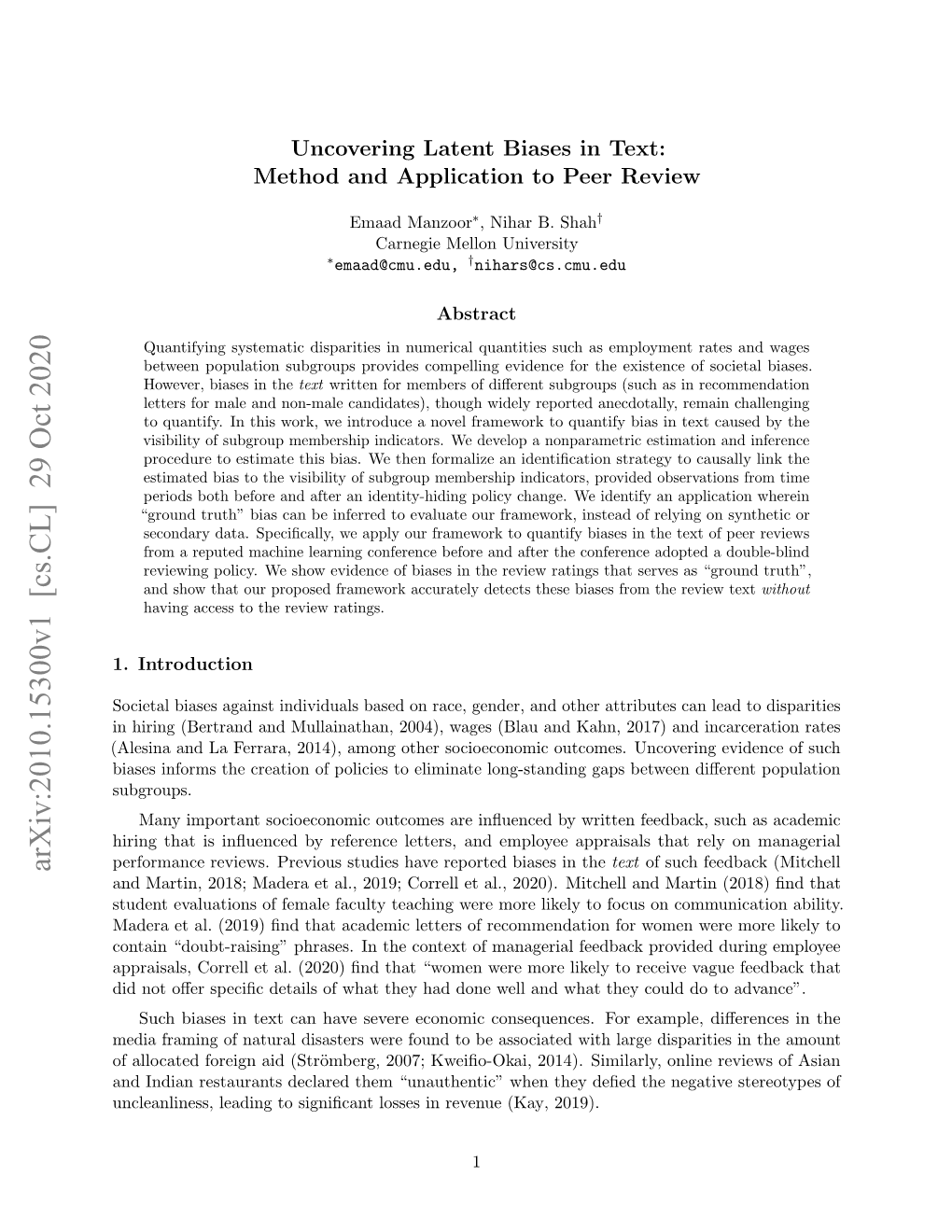 Arxiv:2010.15300V1 [Cs.CL] 29 Oct 2020 and Martin, 2018; Madera Et Al., 2019; Correll Et Al., 2020)