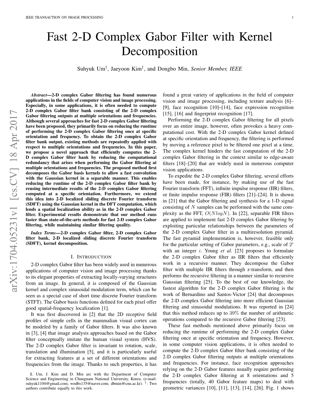 Fast 2-D Complex Gabor Filter with Kernel Decomposition