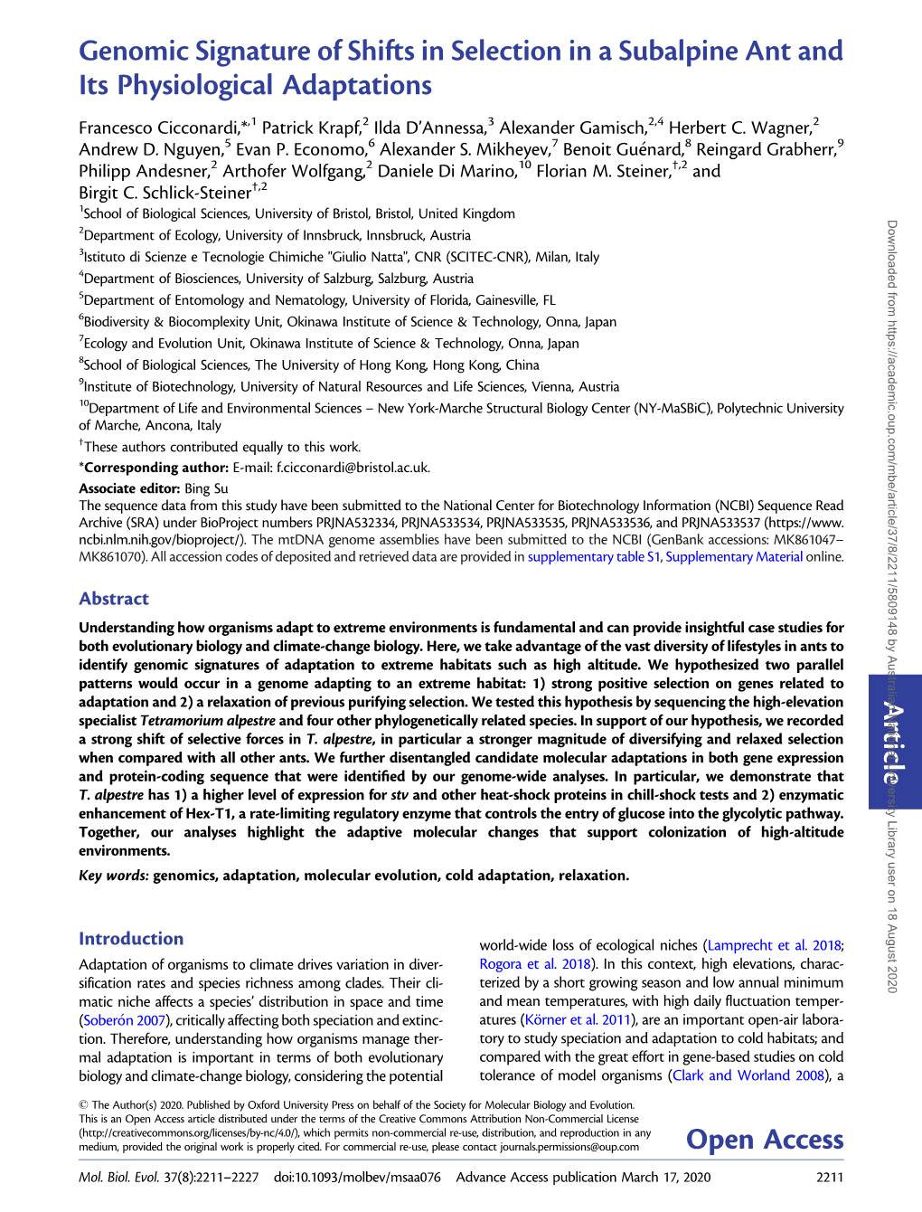 Genomic Signature of Shifts in Selection in a Subalpine Ant and Its