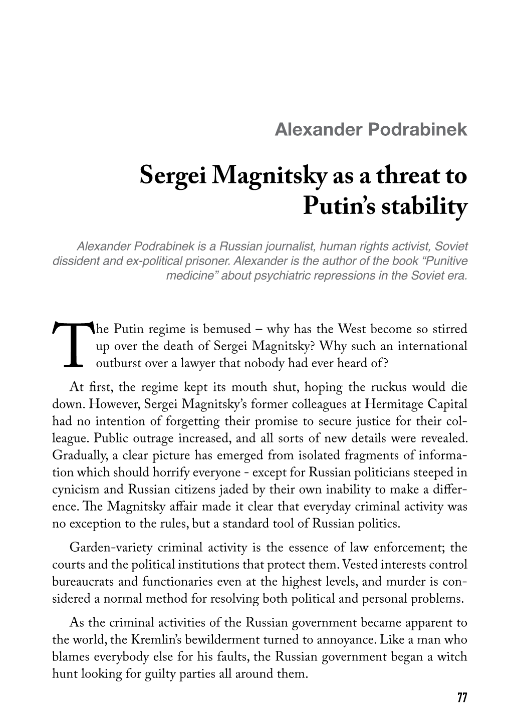 Alexander Podrabinek Sergei Magnitsky As a Threat to Putin's