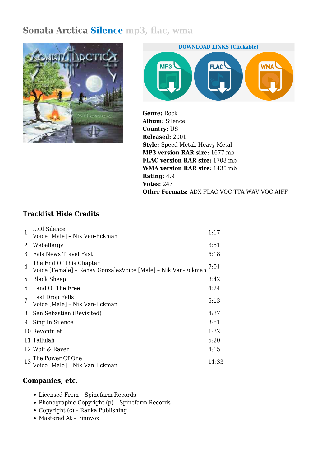 Sonata Arctica Silence Mp3, Flac, Wma