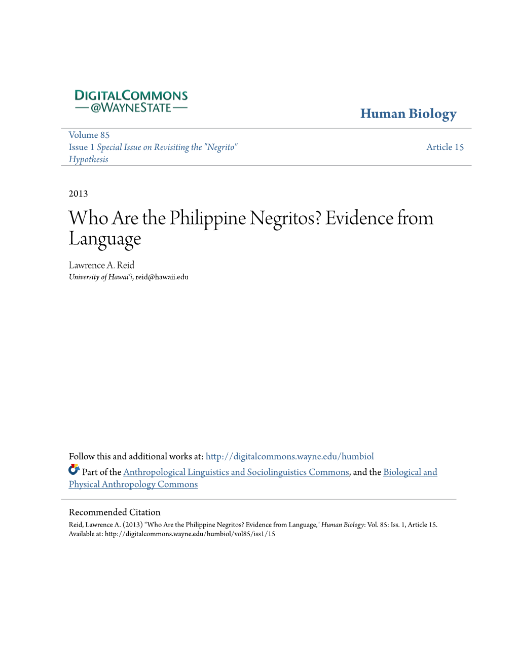 Who Are the Philippine Negritos? Evidence from Language Lawrence A