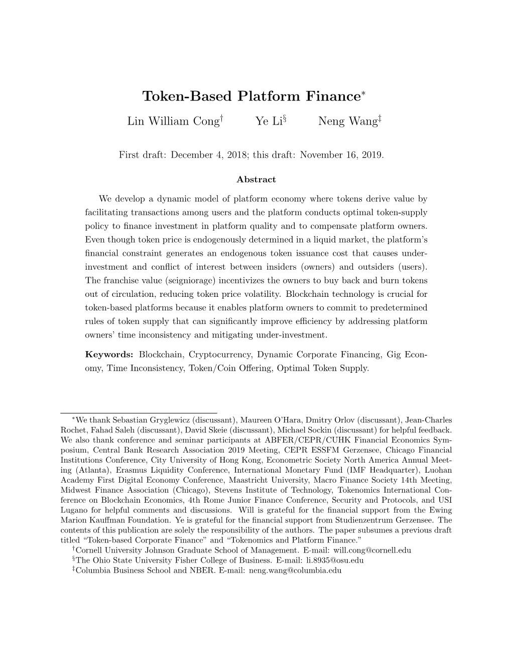Token-Based Platform Finance∗ Lin William Cong† Ye Li§ Neng Wang‡