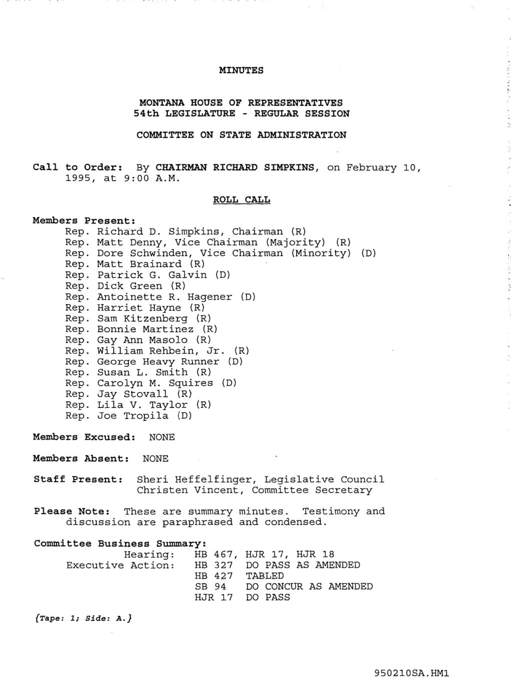 MINUTES MONTANA HOUSE of REPRESENTATIVES 54Th LEGISLATURE