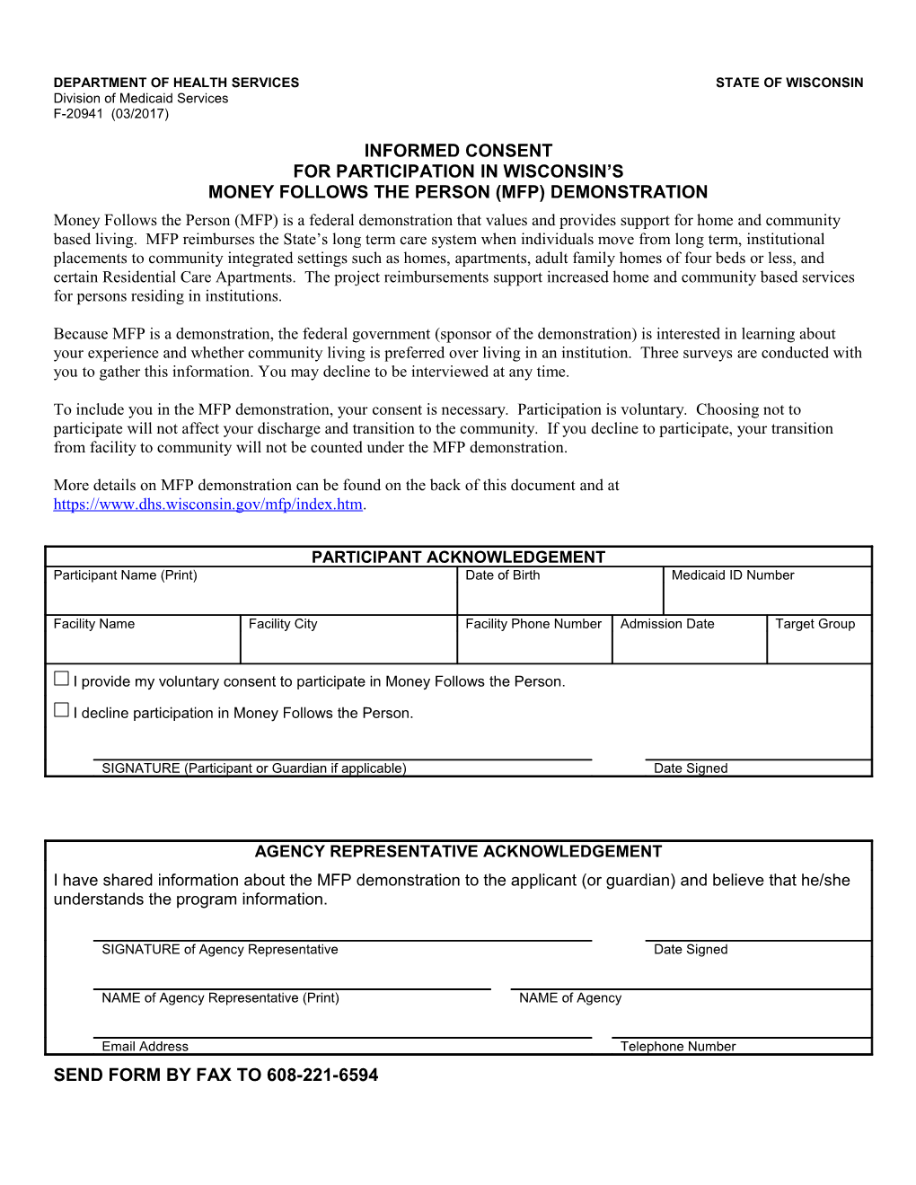 Informed Consent for Participation in Wisconsin S Money Follows the Person (MFP) Demonstration