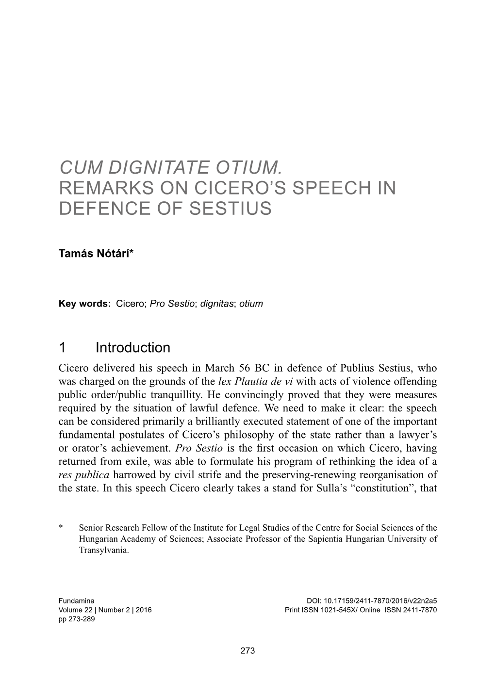 Remarks on Cicero's Speech in Defence of Sestius