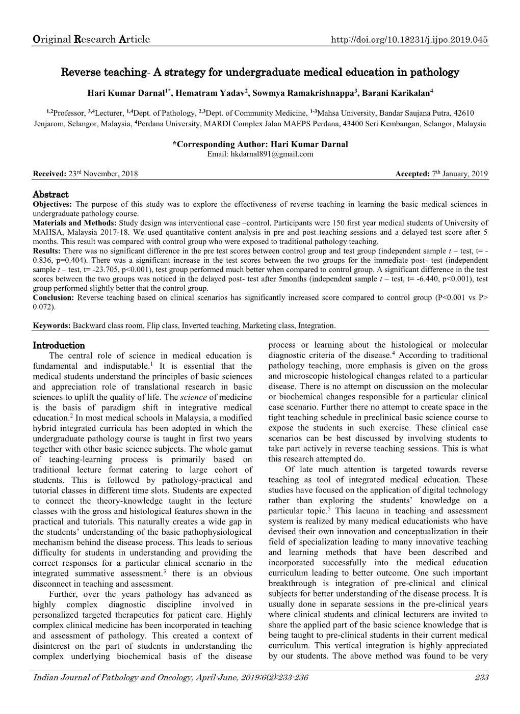 Reverse Teaching- a Strategy for Undergraduate Medical Education in Pathology