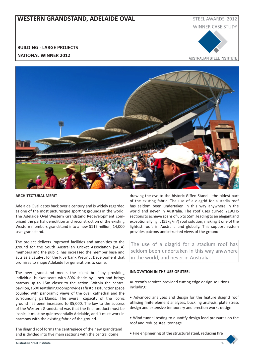 Western Grandstand, Adelaide Oval Steel Awards 2012 Winner Case Study