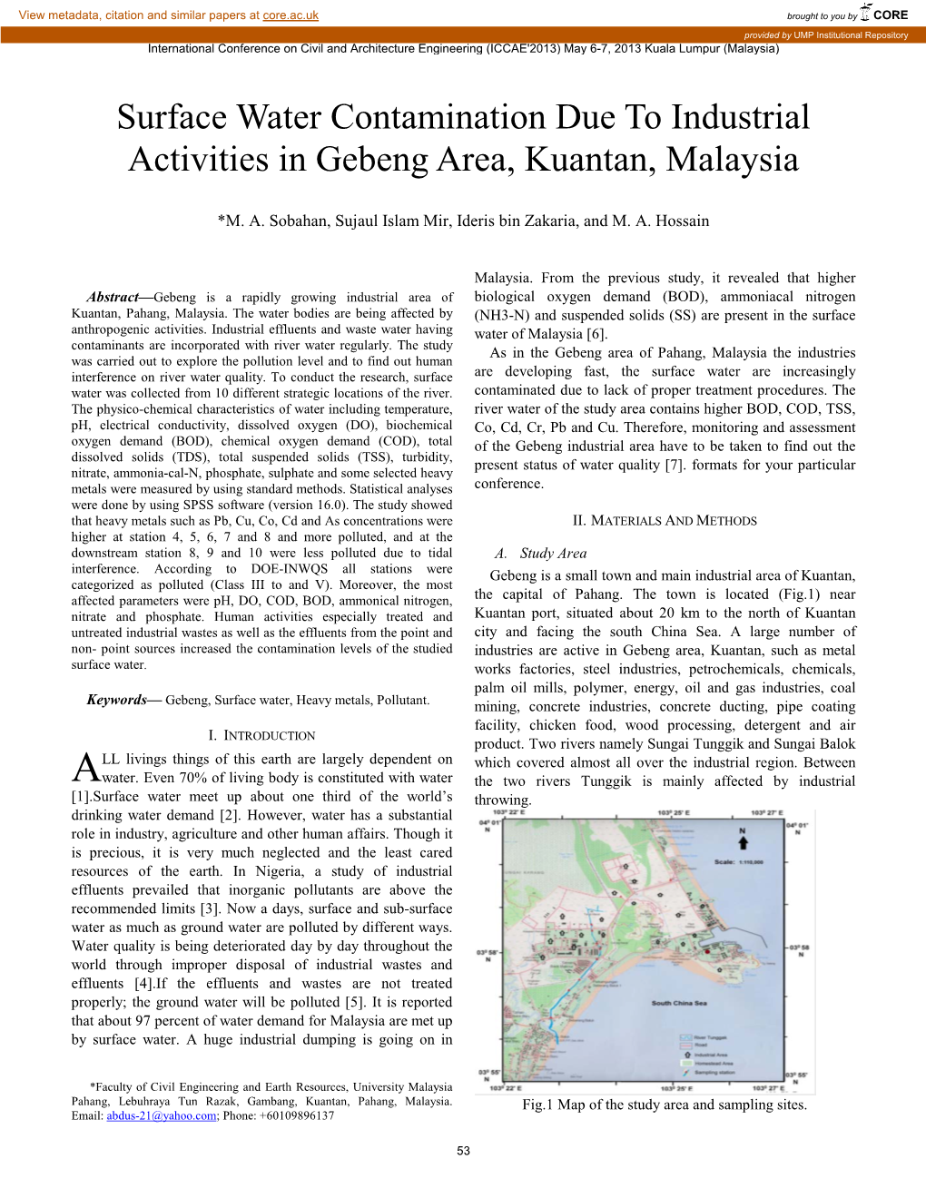 Surface Water Contamination Due to Industrial Activities in Gebeng Area, Kuantan, Malaysia