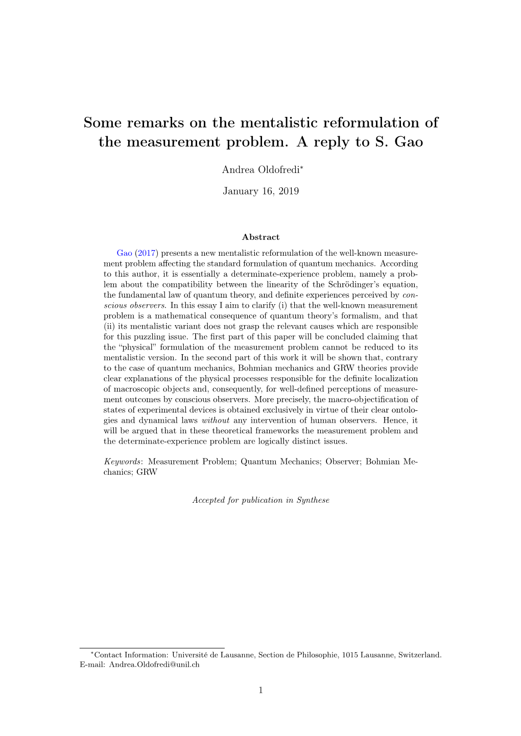 Some Remarks on the Mentalistic Reformulation of the Measurement Problem