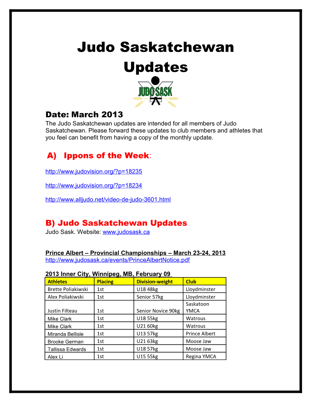 Judo Saskatchewan Weekly Updates s1