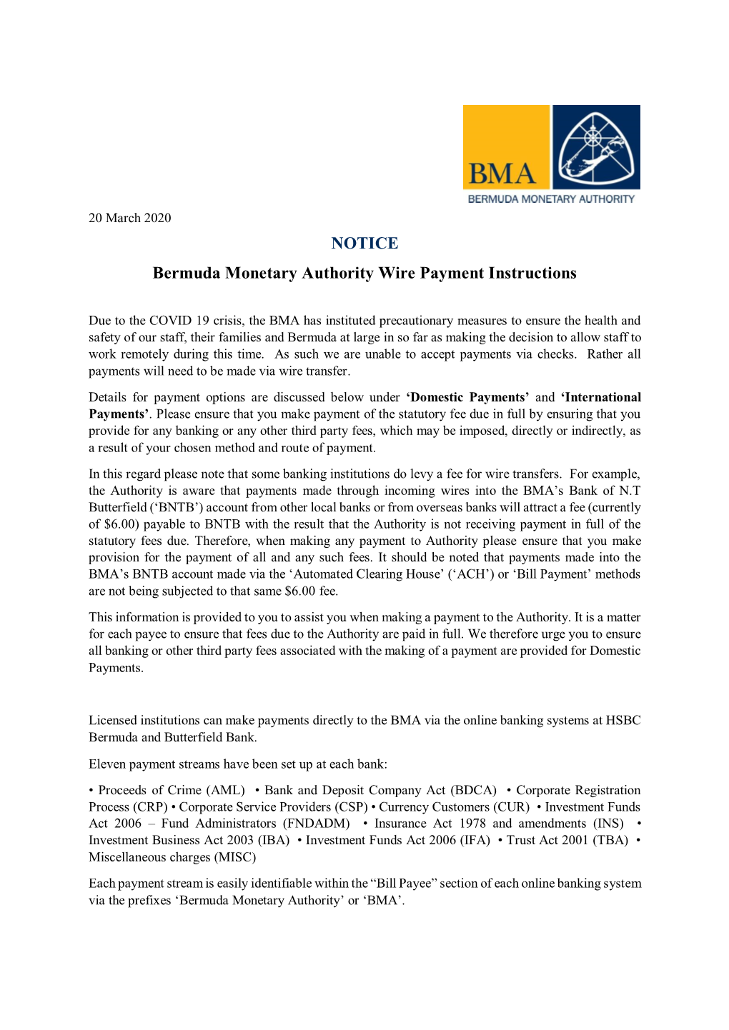 NOTICE Bermuda Monetary Authority Wire Payment Instructions