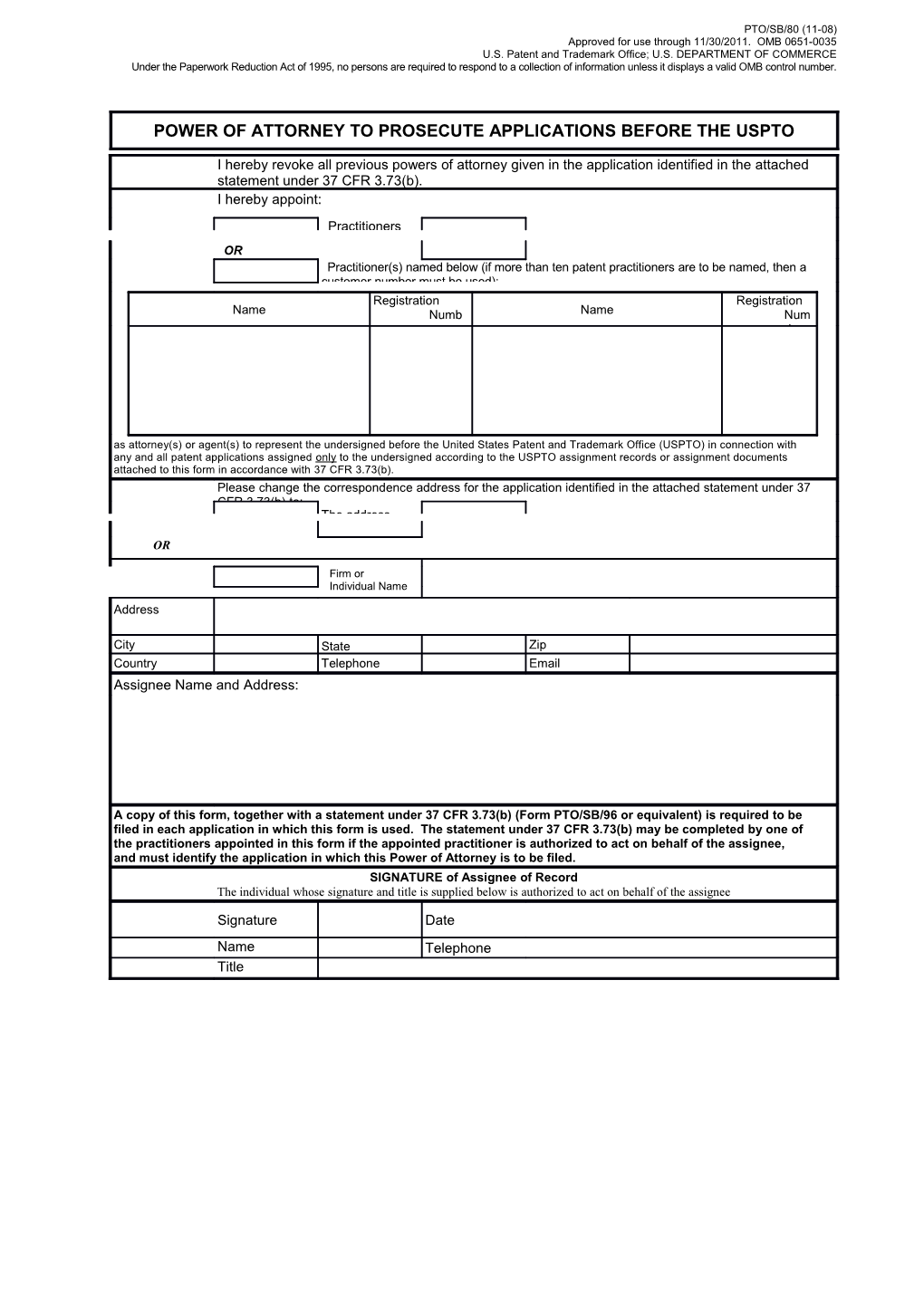 POA to Prosecute Applications Before the USPTO (PTO SB-80)