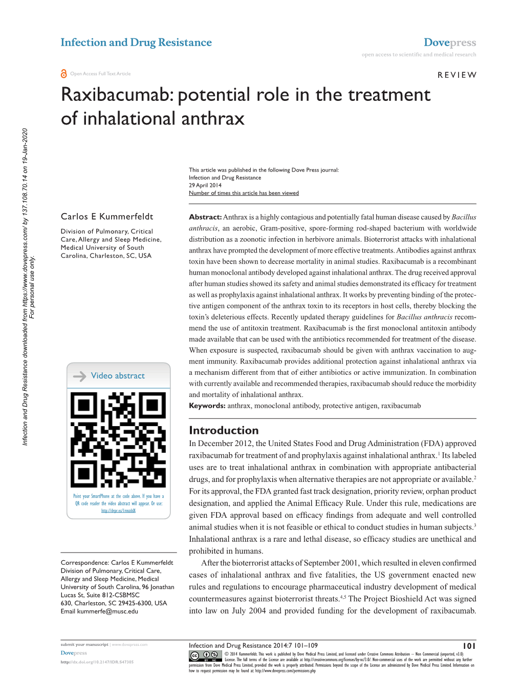 Raxibacumab: Potential Role in the Treatment of Inhalational Anthrax