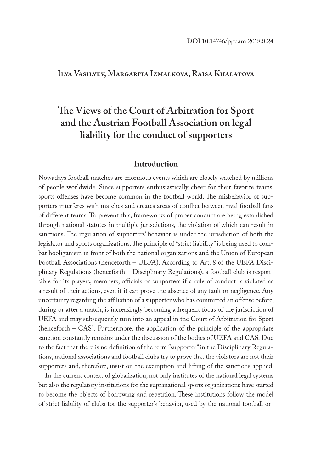 The Views of the Court of Arbitration for Sport and the Austrian Football Association on Legal Liability for the Conduct of Supporters