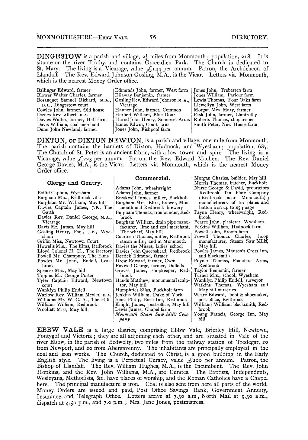 MONMOUTHSHIRE EBBW V ALE. DIRECTORY. Clergy and Gentry