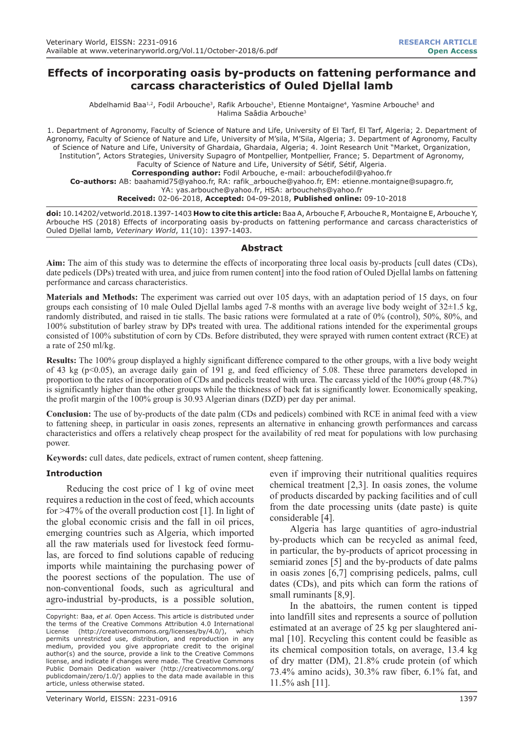 Effects of Incorporating Oasis By-Products on Fattening Performance and Carcass Characteristics of Ouled Djellal Lamb