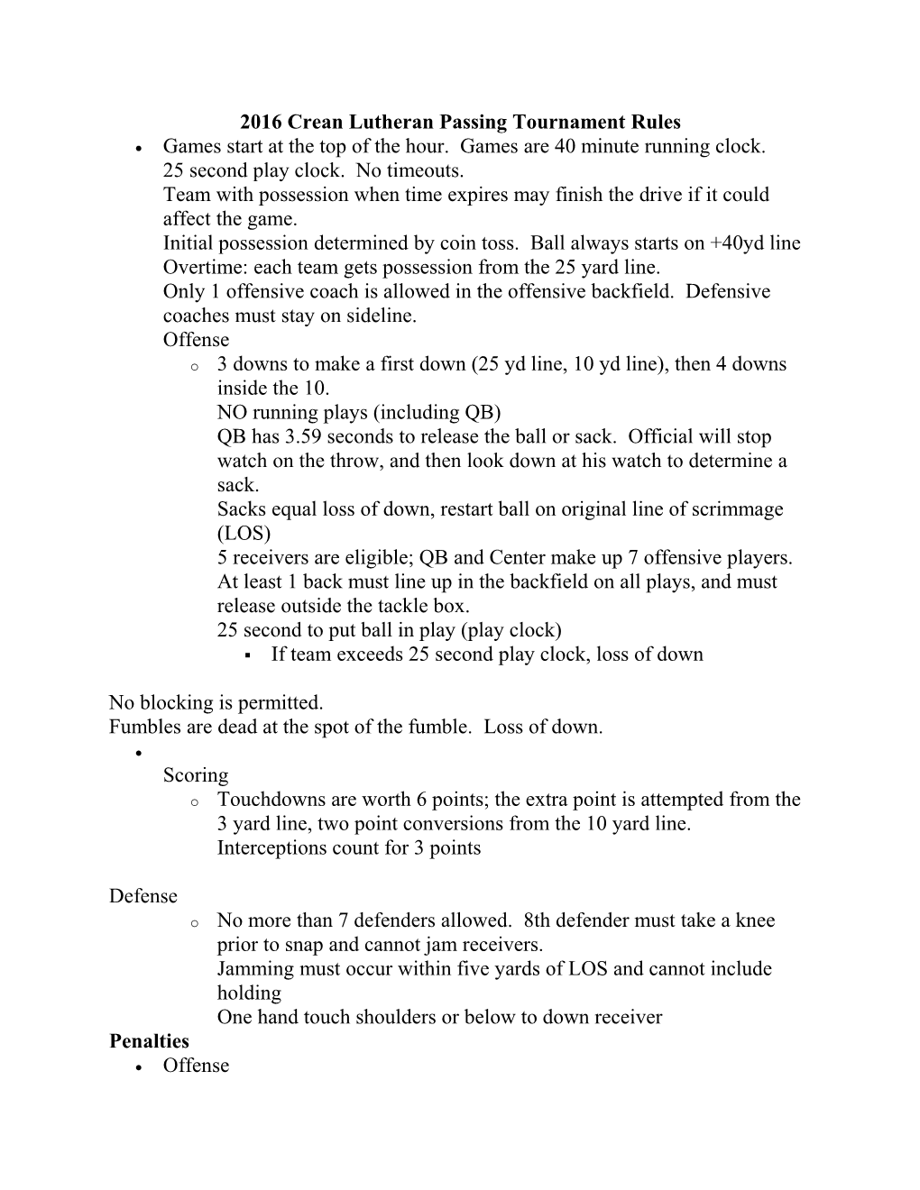 2016 Crean Lutheran Passing Tournament Rules