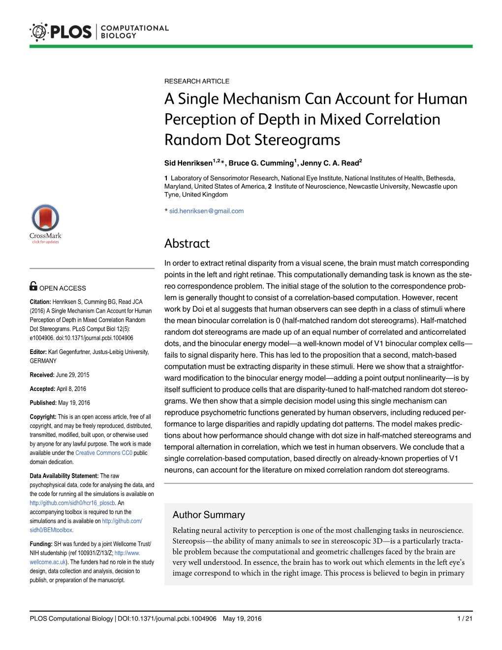 A Single Mechanism Can Account for Human Perception of Depth in Mixed Correlation Random Dot Stereograms