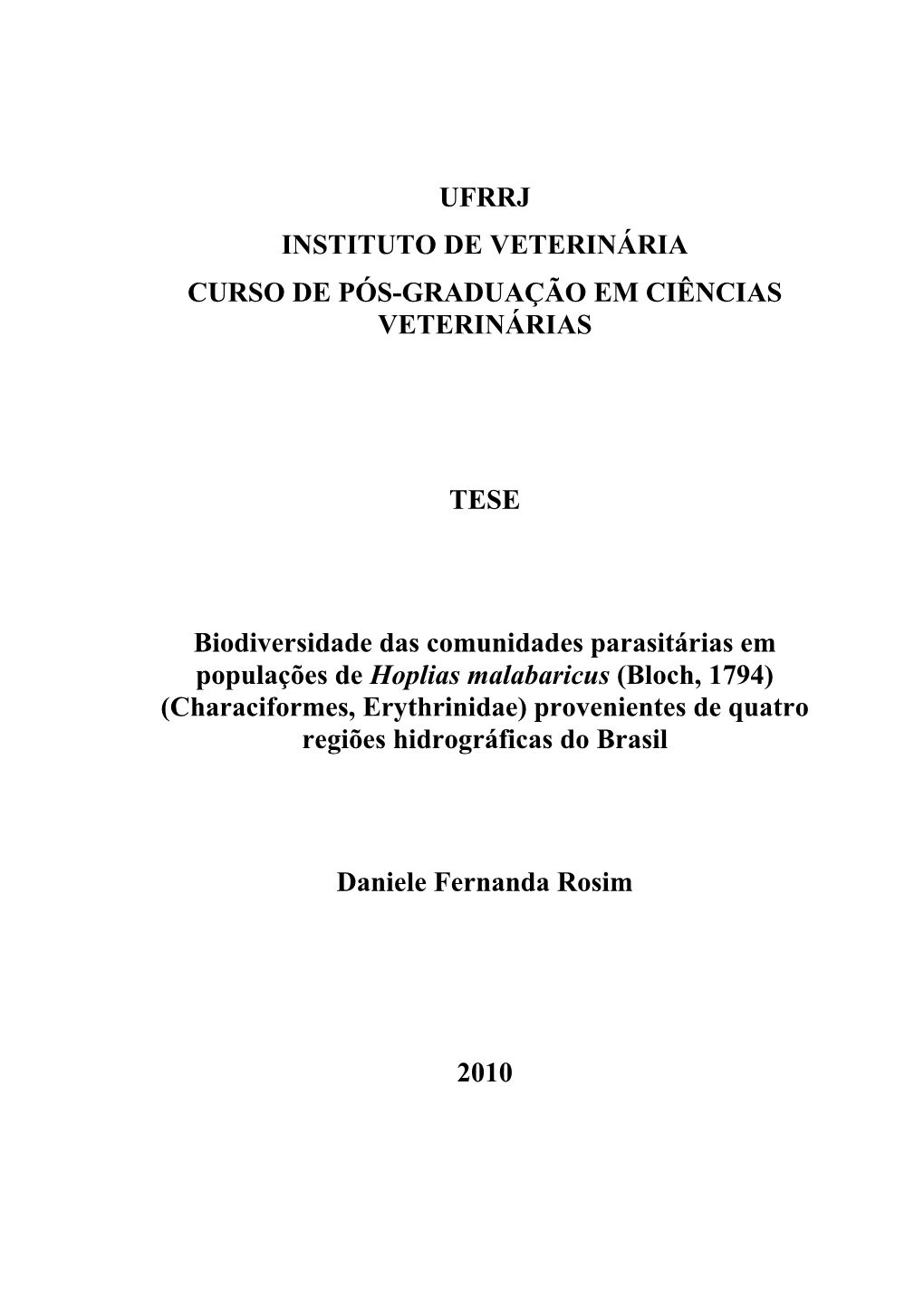 Ufrrj Instituto De Veterinária Curso De Pós-Graduação Em Ciências Veterinárias