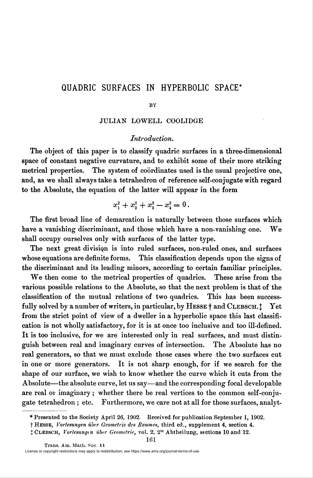 Quadric Surfaces in Hyperbolic Space*