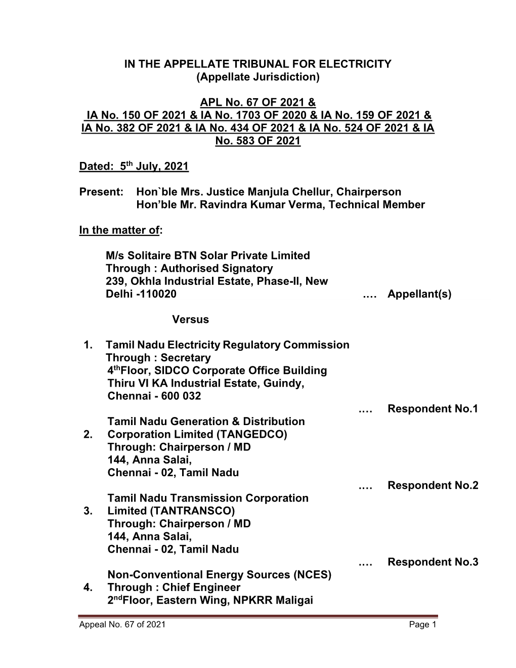 IN the APPELLATE TRIBUNAL for ELECTRICITY (Appellate Jurisdiction)