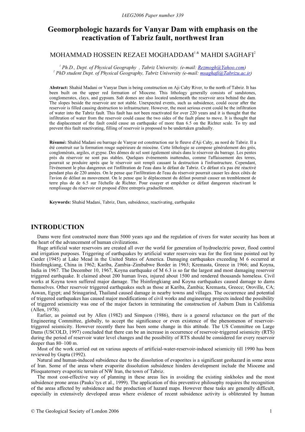 Geomorphologic Hazards for Vanyar Dam with Emphasis on the Reactivation of Tabriz Fault, Northwest Iran