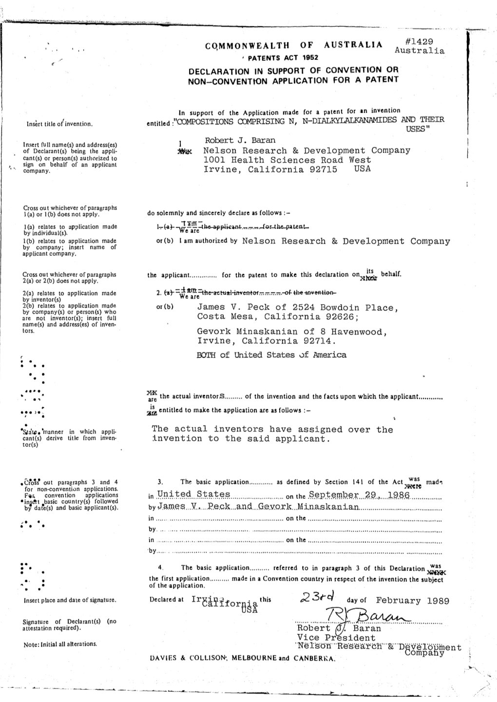 COMMONWEALTH of AUSTRALIA #1429 Australia ' PATENTS ACT 1952 DECLARATION in SUPPORT of CONVENTION OR NON-CONVENTION APPLICATION for a PATENT