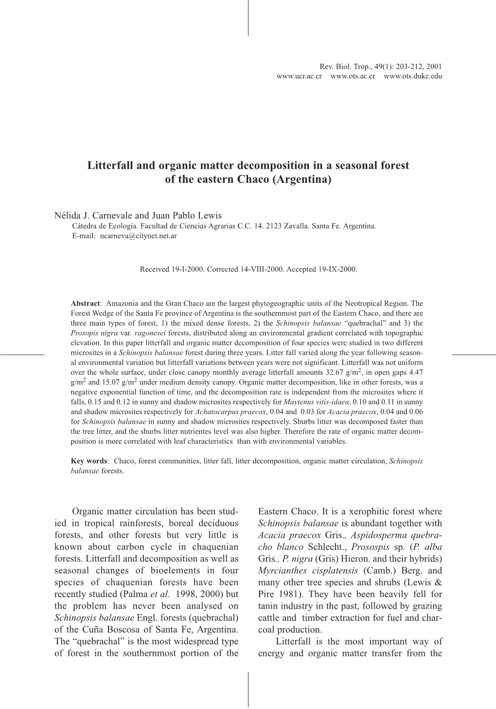 Litterfall and Organic Matter Decomposition in a Seasonal Forest of the Eastern Chaco (Argentina)