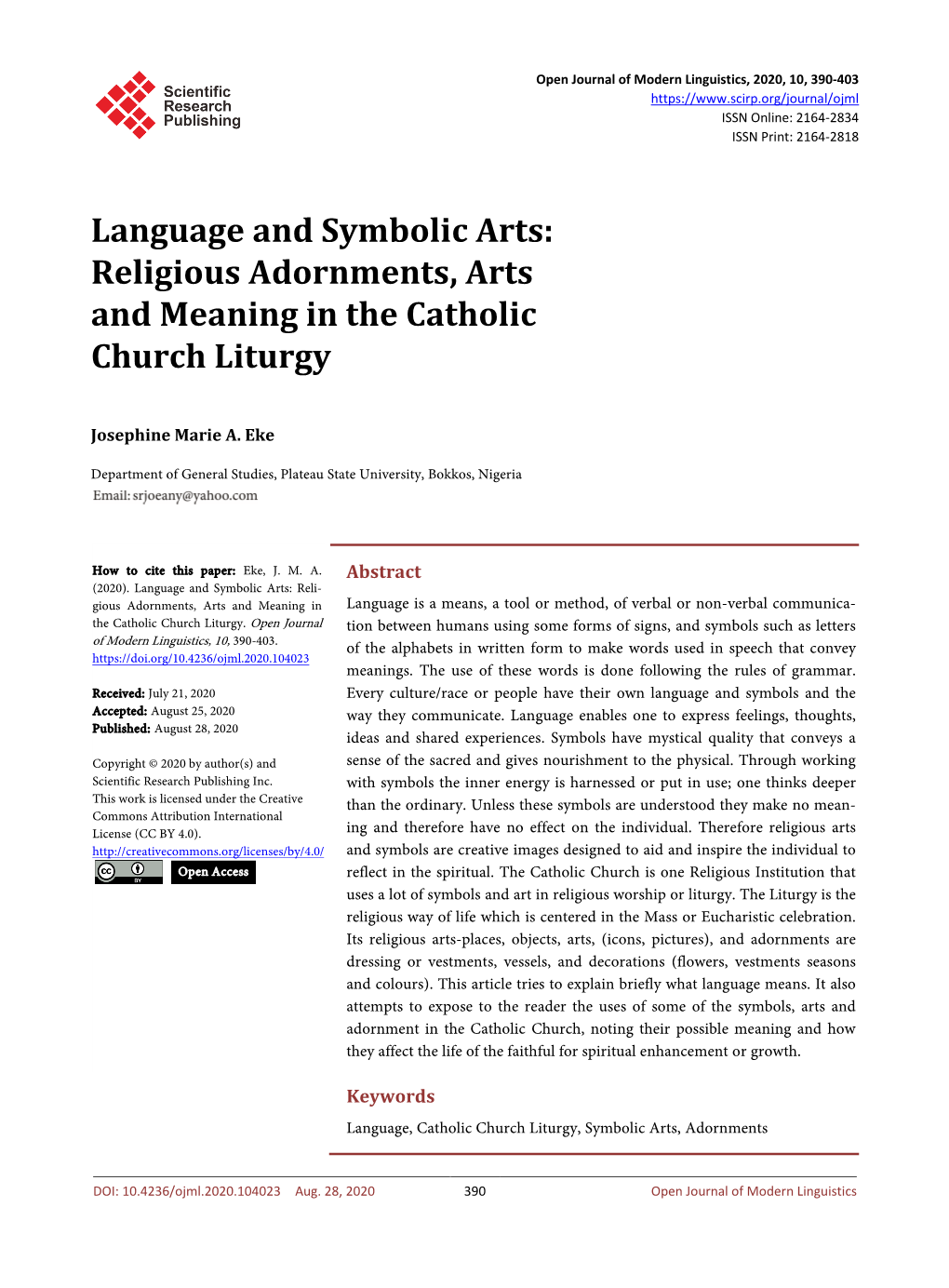 Religious Adornments, Arts and Meaning in the Catholic Church Liturgy