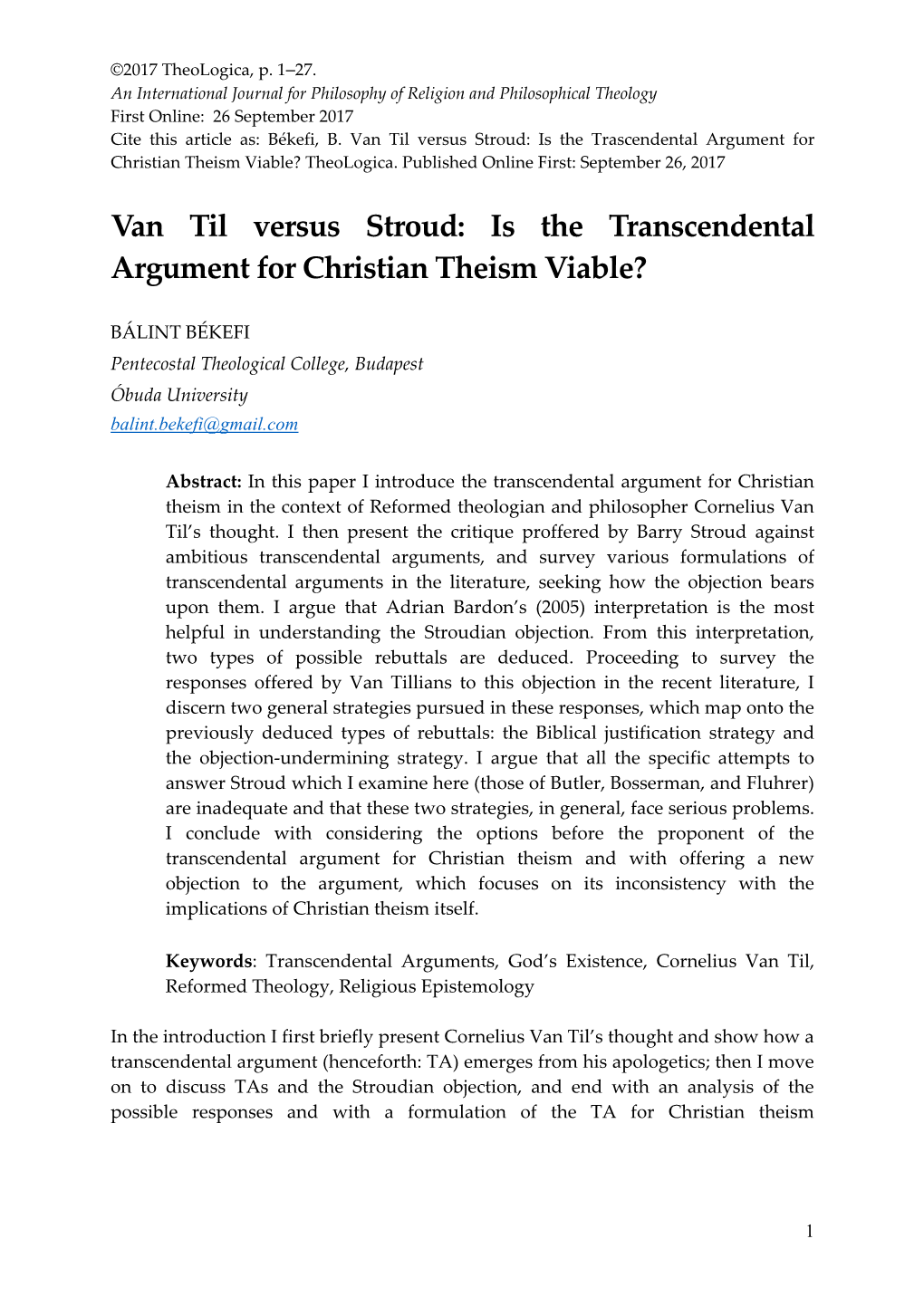 Van Til Versus Stroud: Is the Transcendental Argument for Christian Theism Viable?