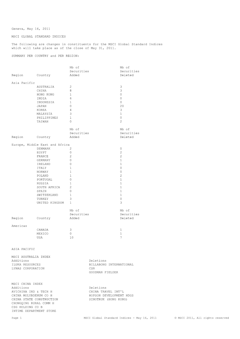 Geneva, May 16, 2011 MSCI GLOBAL STANDARD INDICES The