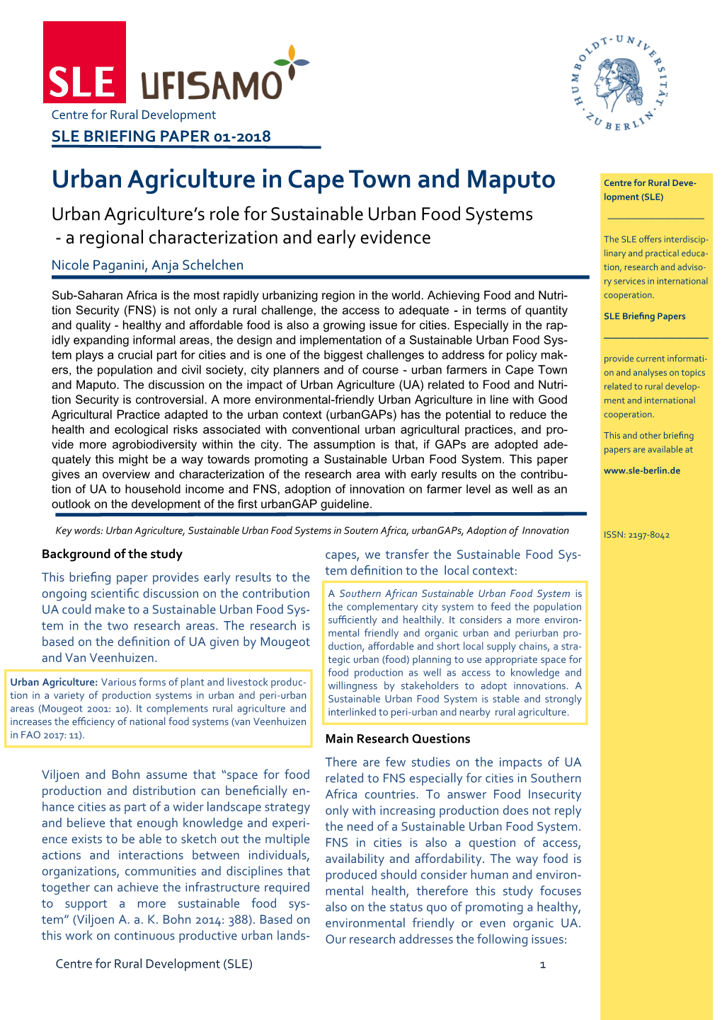 Urban Agriculture in Cape Town and Maputo Centre for Rural Deve- Lopment (SLE)