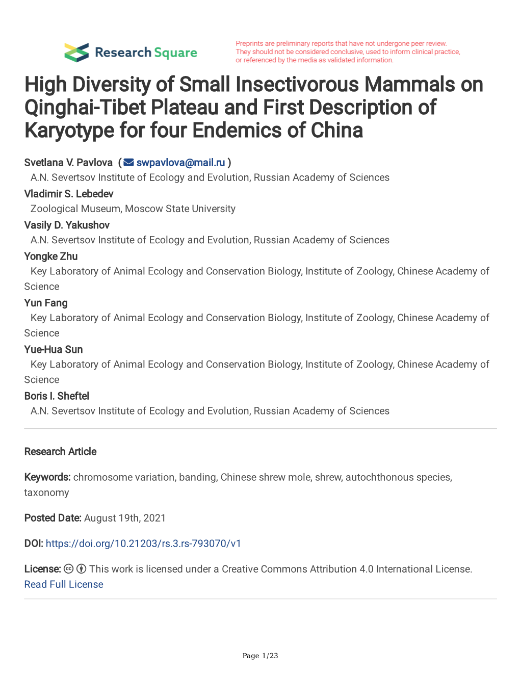 High Diversity of Small Insectivorous Mammals on Qinghai-Tibet Plateau and First Description of Karyotype for Four Endemics of China