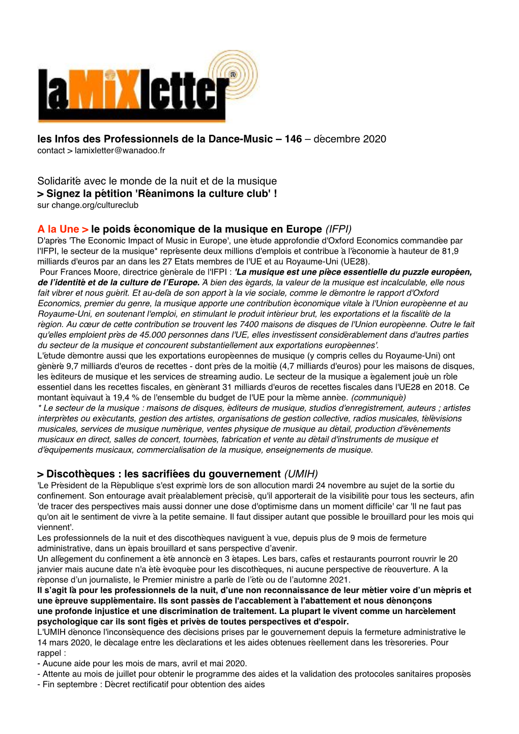 Les Infos Des Professionnels De La Dance-Music – 146 – Décembre 2020 Contact > Lamixletter@Wanadoo.Fr