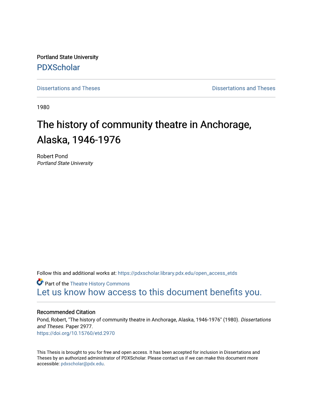 The History of Community Theatre in Anchorage, Alaska, 1946-1976
