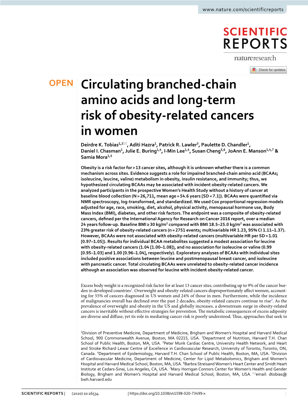 Circulating Branched‑Chain Amino Acids and Long‑Term Risk of Obesity‑Related Cancers in Women Deirdre K