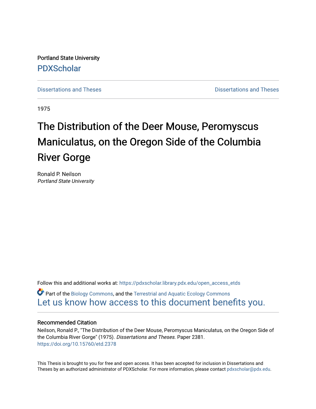 The Distribution of the Deer Mouse, Peromyscus Maniculatus, on the Oregon Side of the Columbia River Gorge