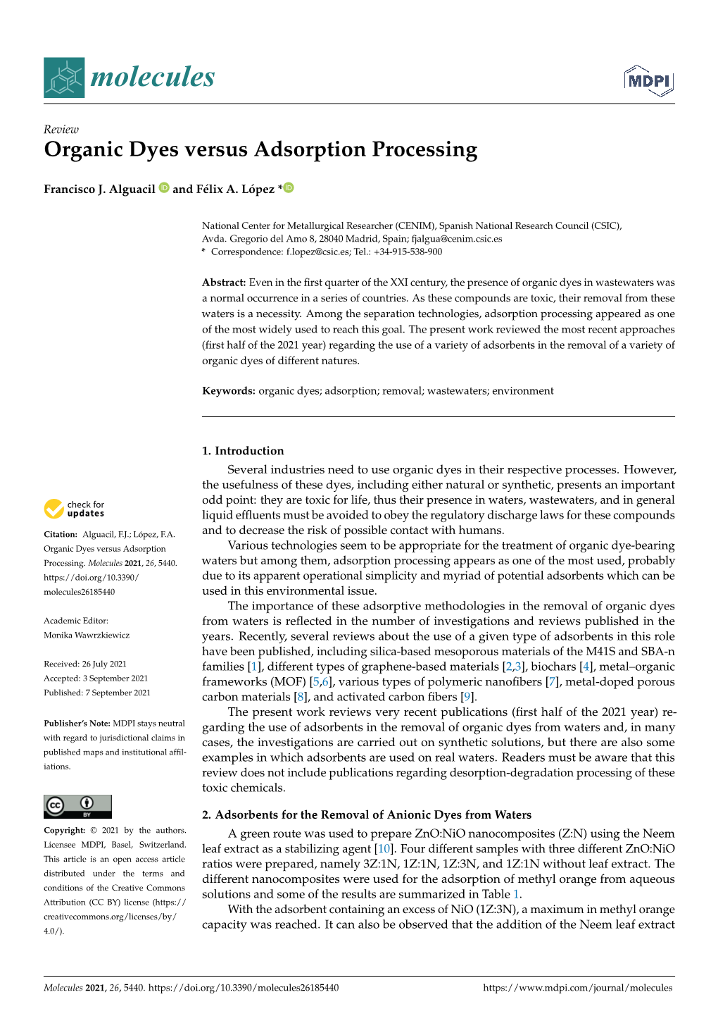 Organic Dyes Versus Adsorption Processing