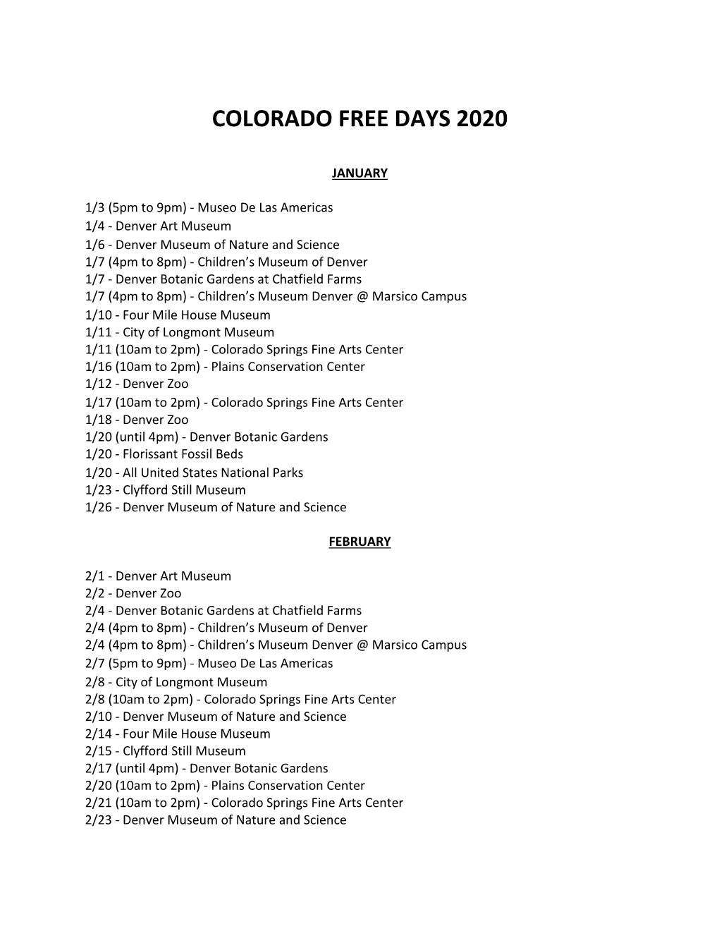 Colorado Free Days 2020