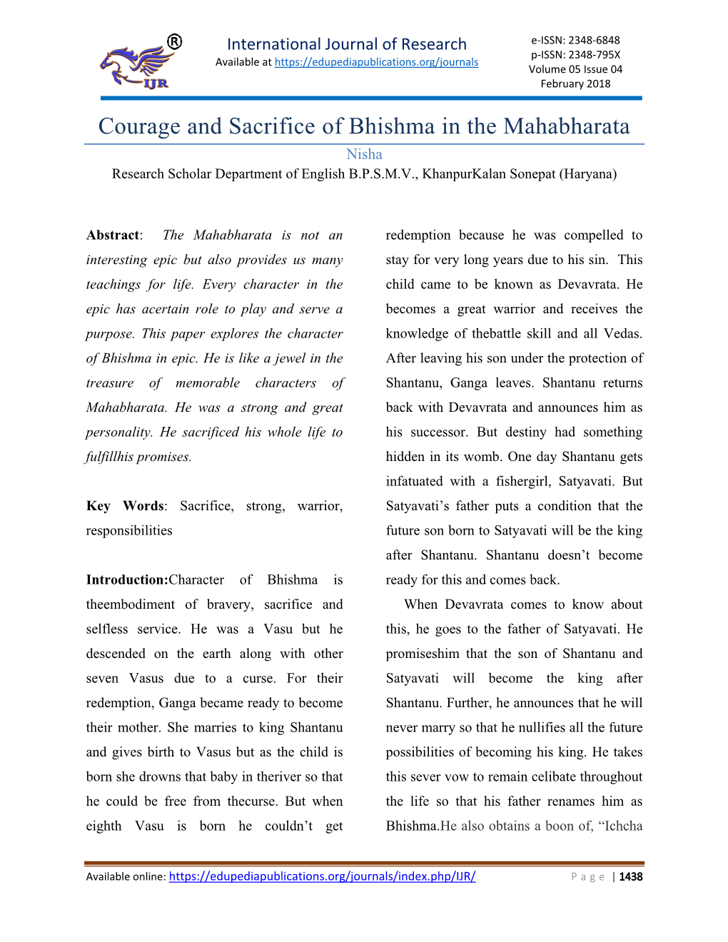 Courage and Sacrifice of Bhishma in the Mahabharata Nisha Research Scholar Department of English B.P.S.M.V., Khanpurkalan Sonepat (Haryana)