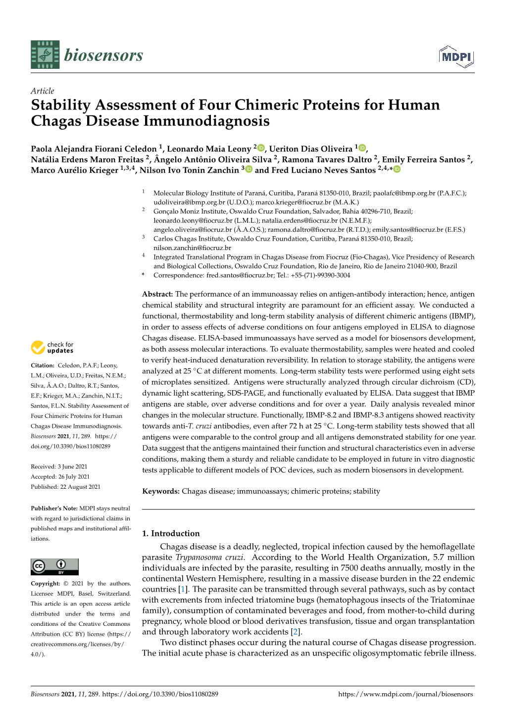 Stability Assessment of Four Chimeric Proteins for Human Chagas Disease Immunodiagnosis